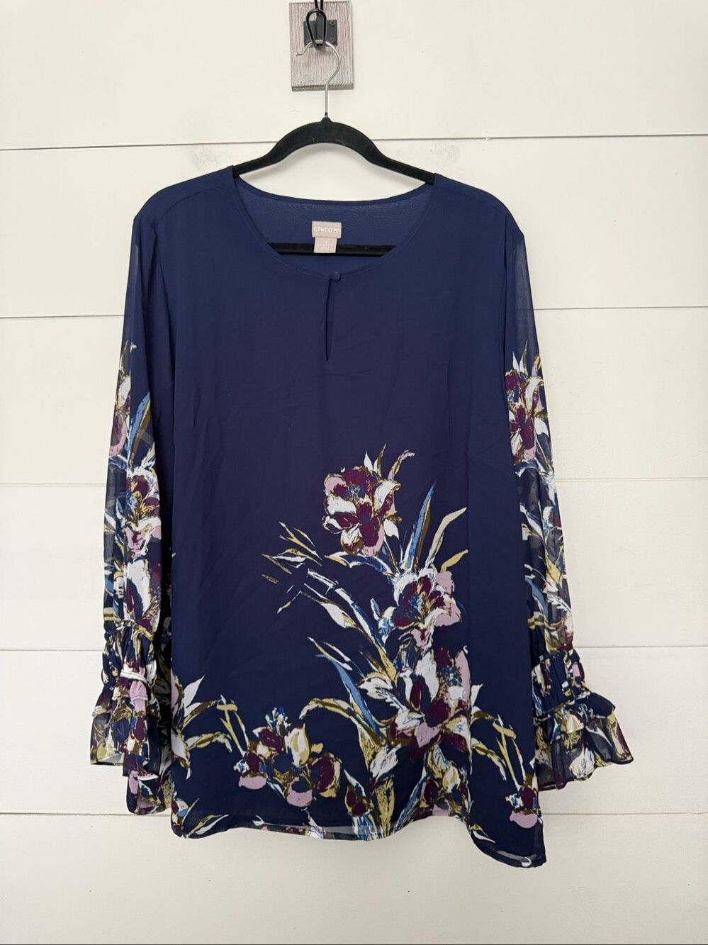 Chico’s Women’s 3 Navy Blue Floral Sheer Mesh Blouse Top
